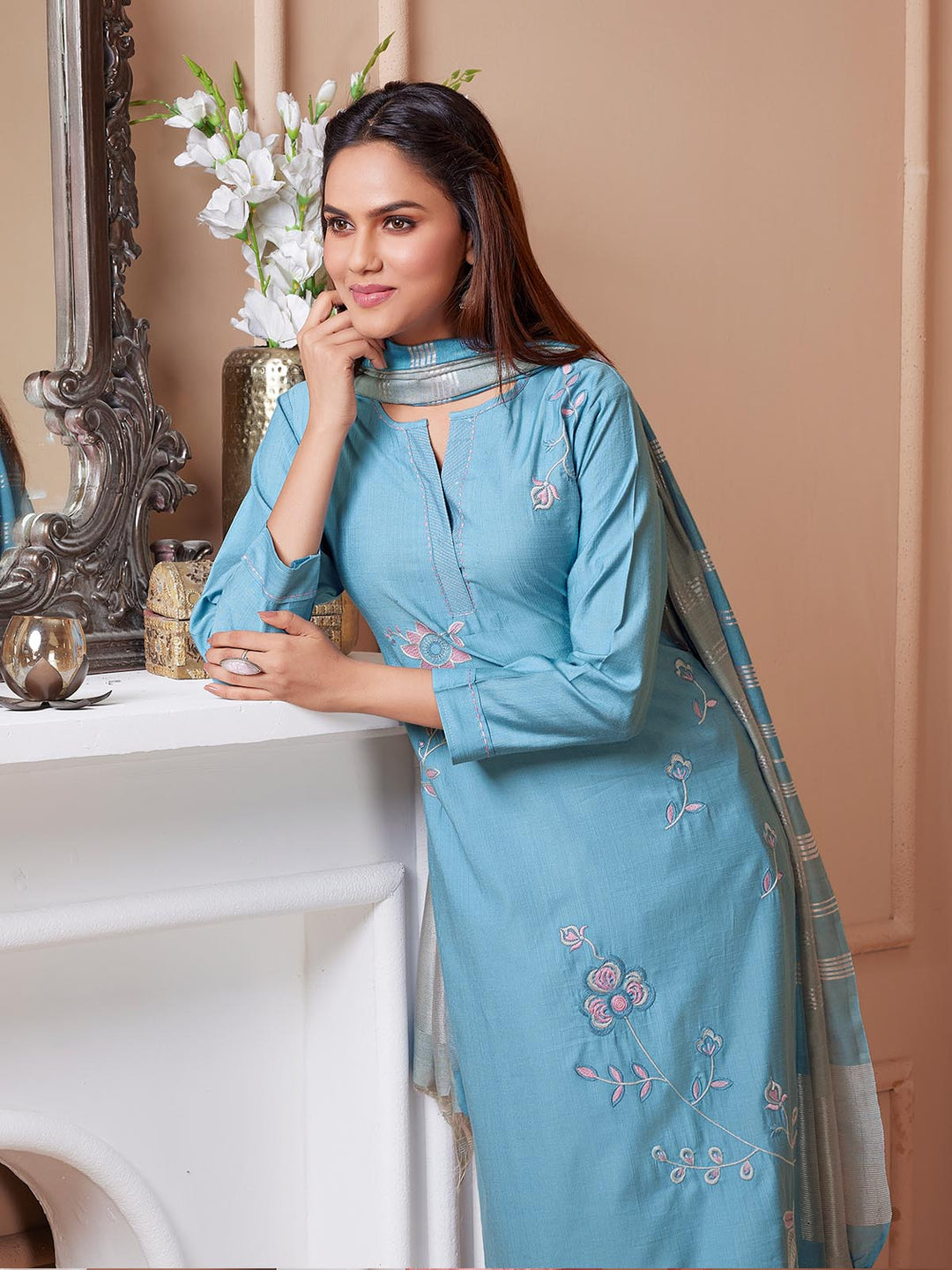 Dusk Blue Embroidered Suit Set