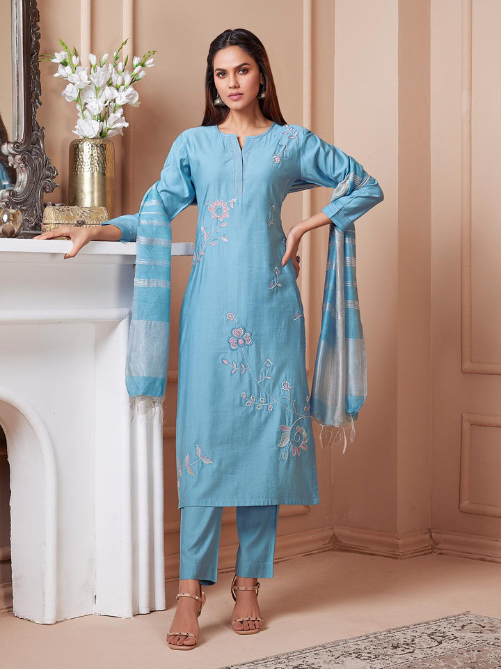 Dusk Blue Embroidered Suit Set