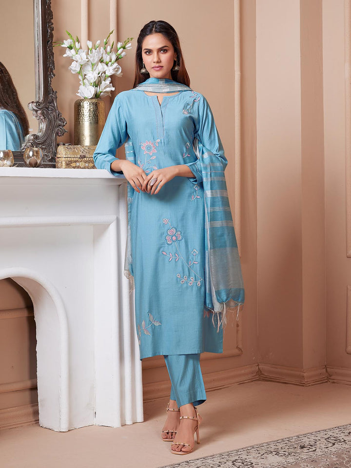 Dusk Blue Embroidered Suit Set