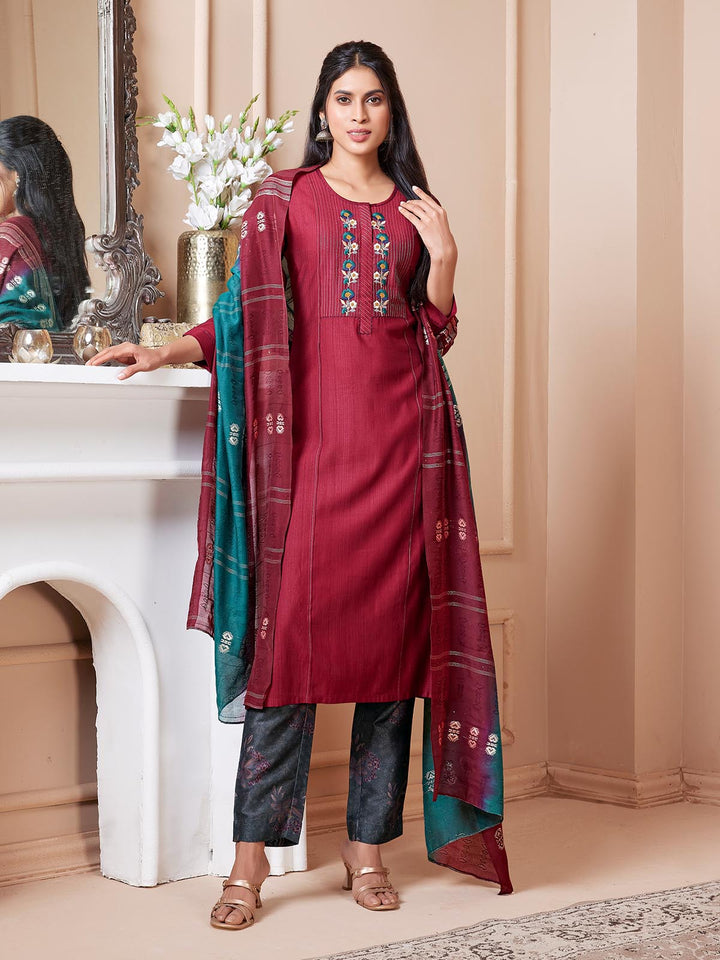 Maroon Embroidered Suit Set