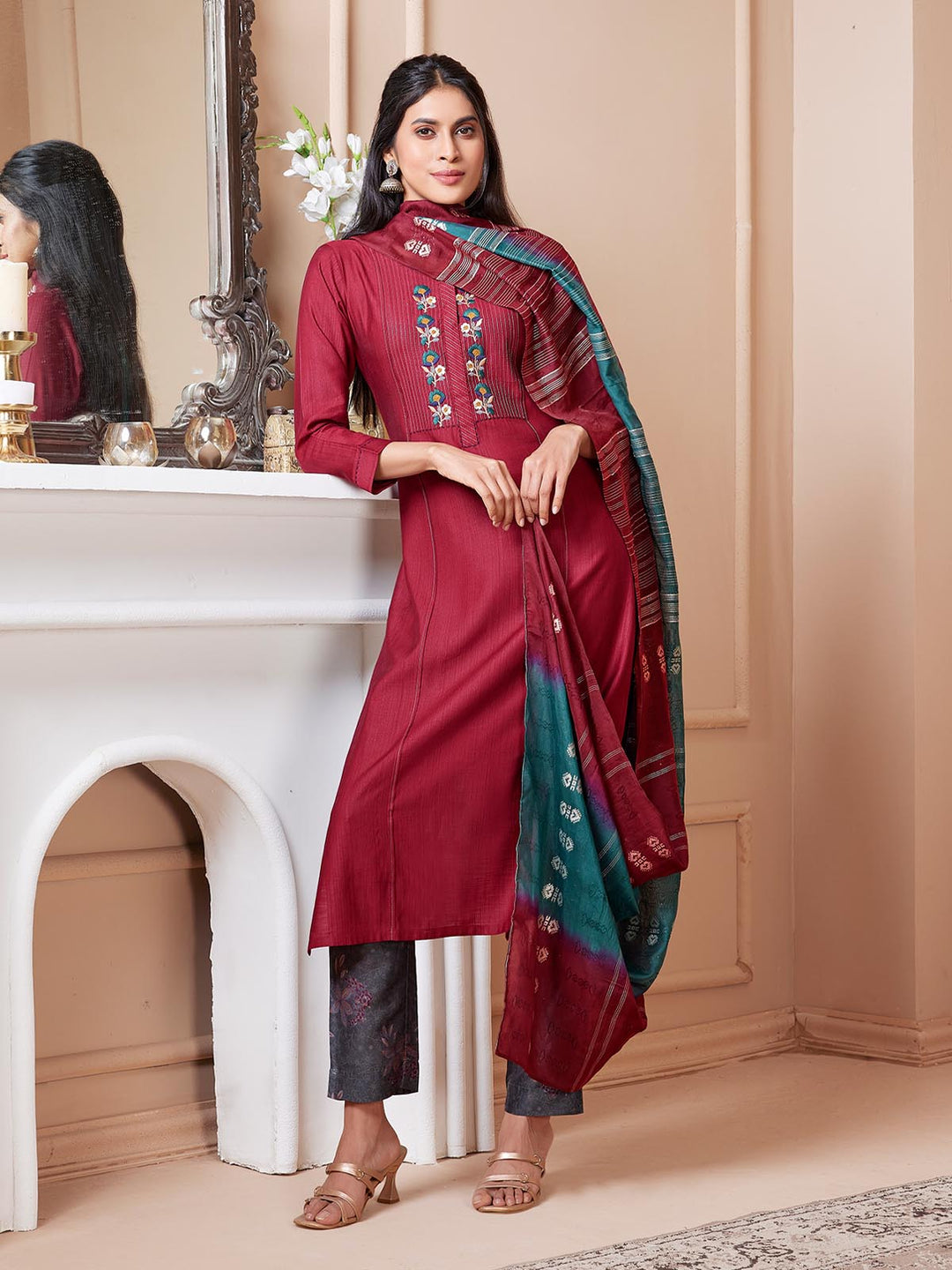 Maroon Embroidered Suit Set