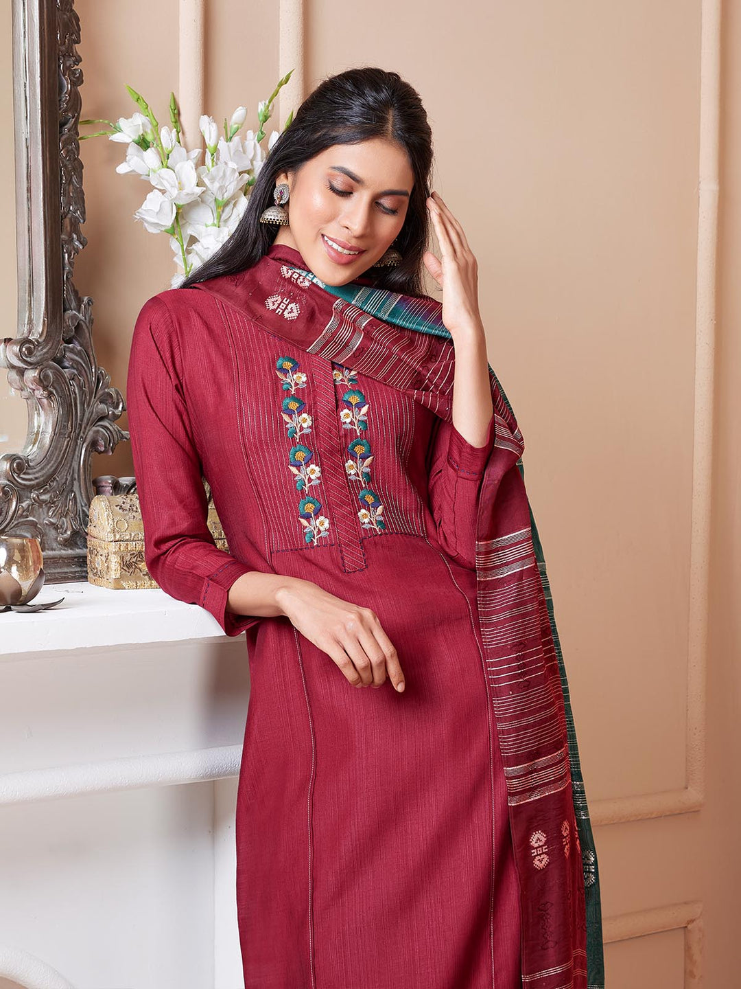 Maroon Embroidered Suit Set