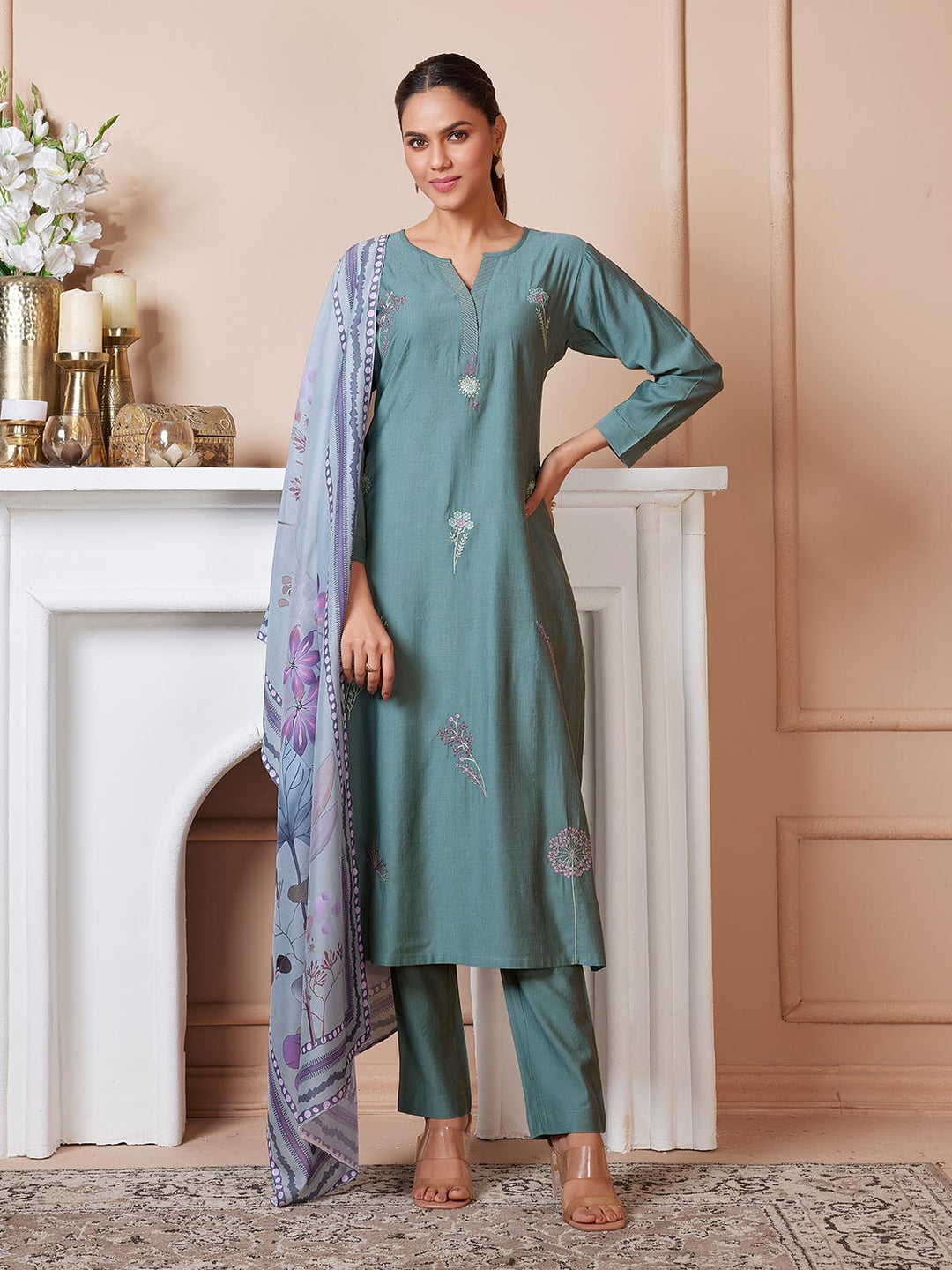 Muted Teal Embroidered Suit Set