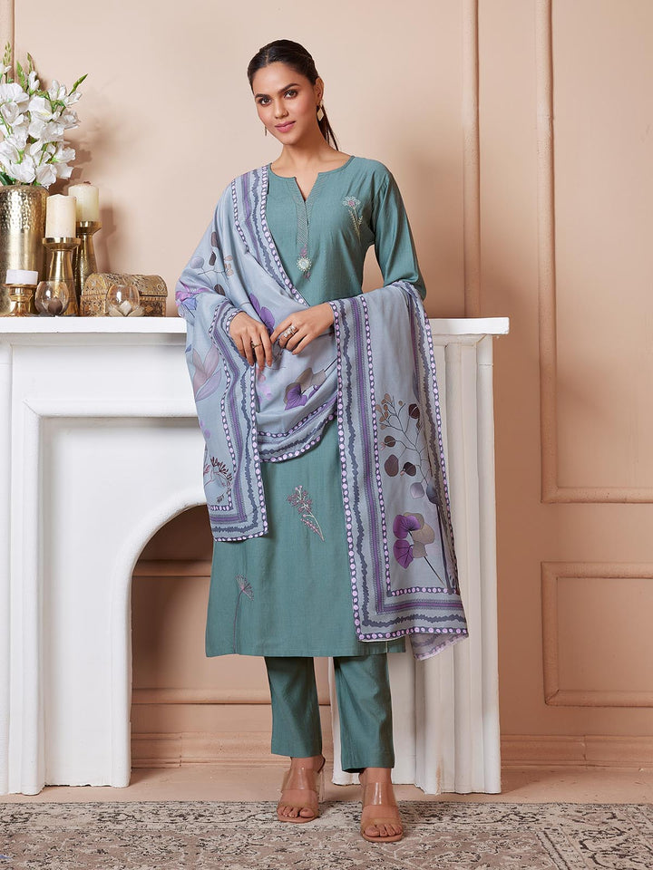 Muted Teal Embroidered Suit Set