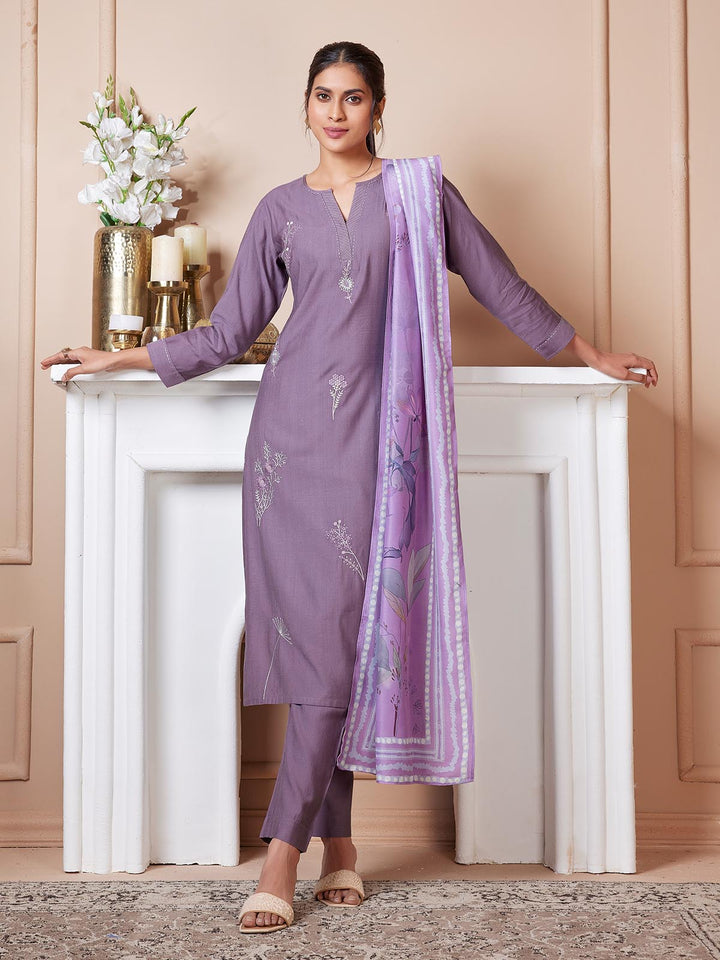 Purple Embroidered Suit Set