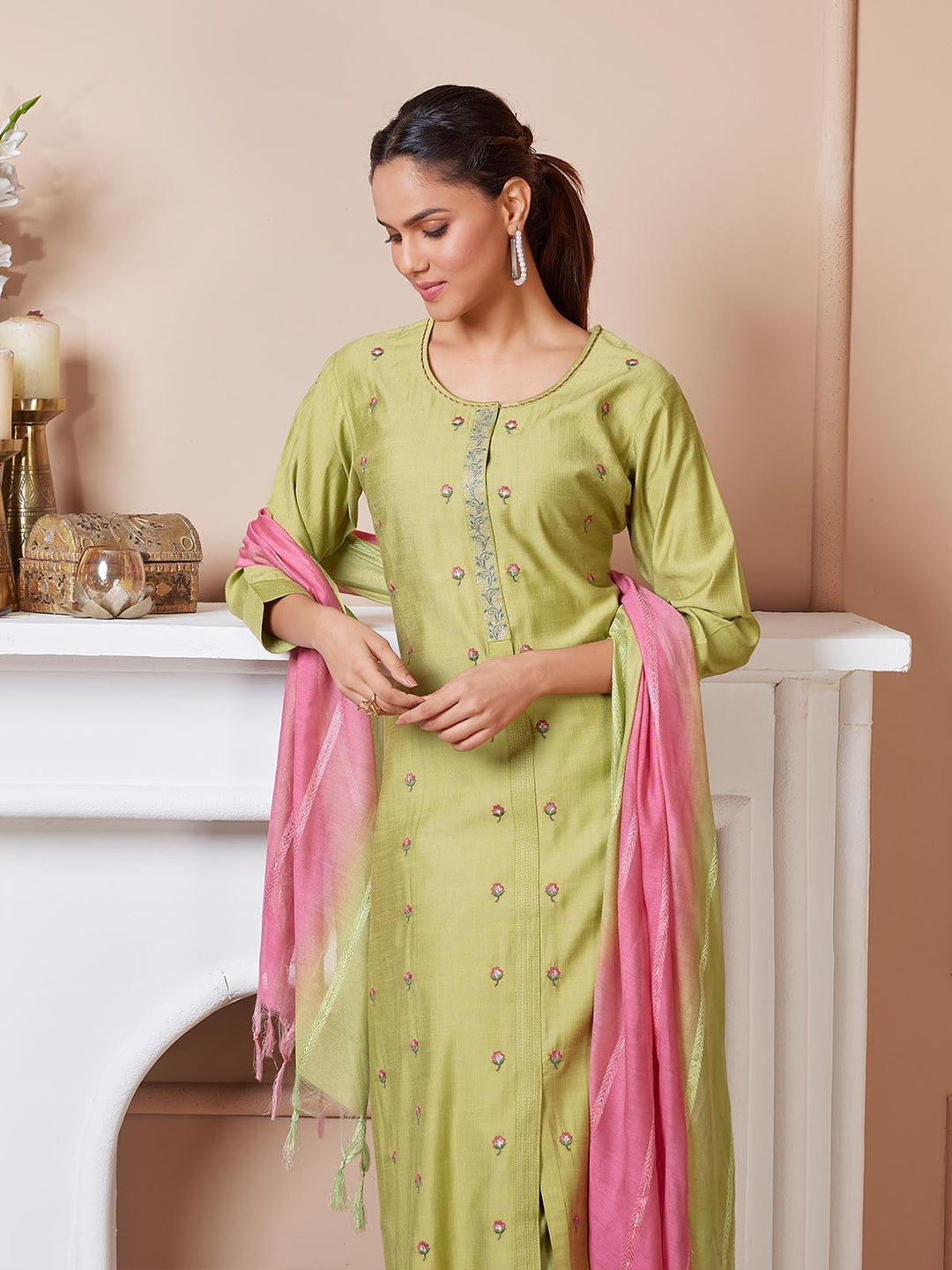 Lime Green Embroidered Suit Set