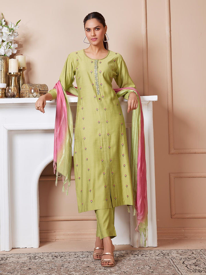 Lime Green Embroidered Suit Set