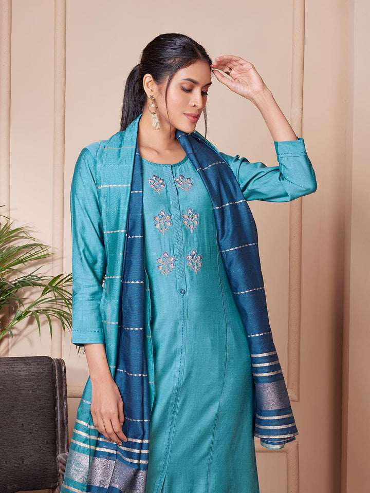 Cyan Blue Embroidered Suit Set