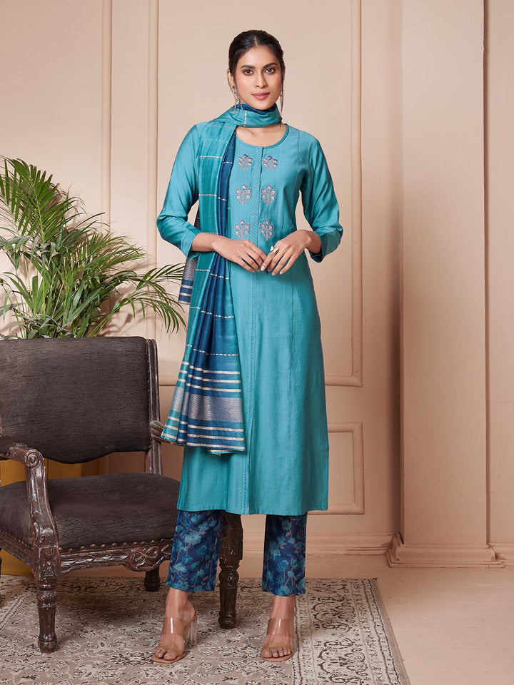 Cyan Blue Embroidered Suit Set