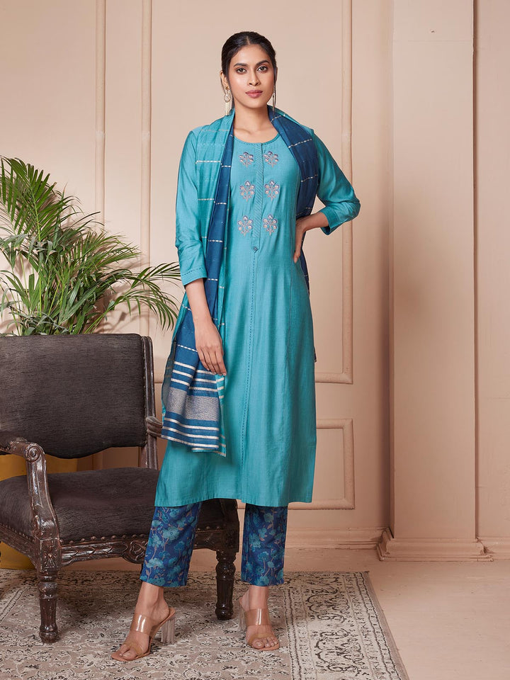 Cyan Blue Embroidered Suit Set