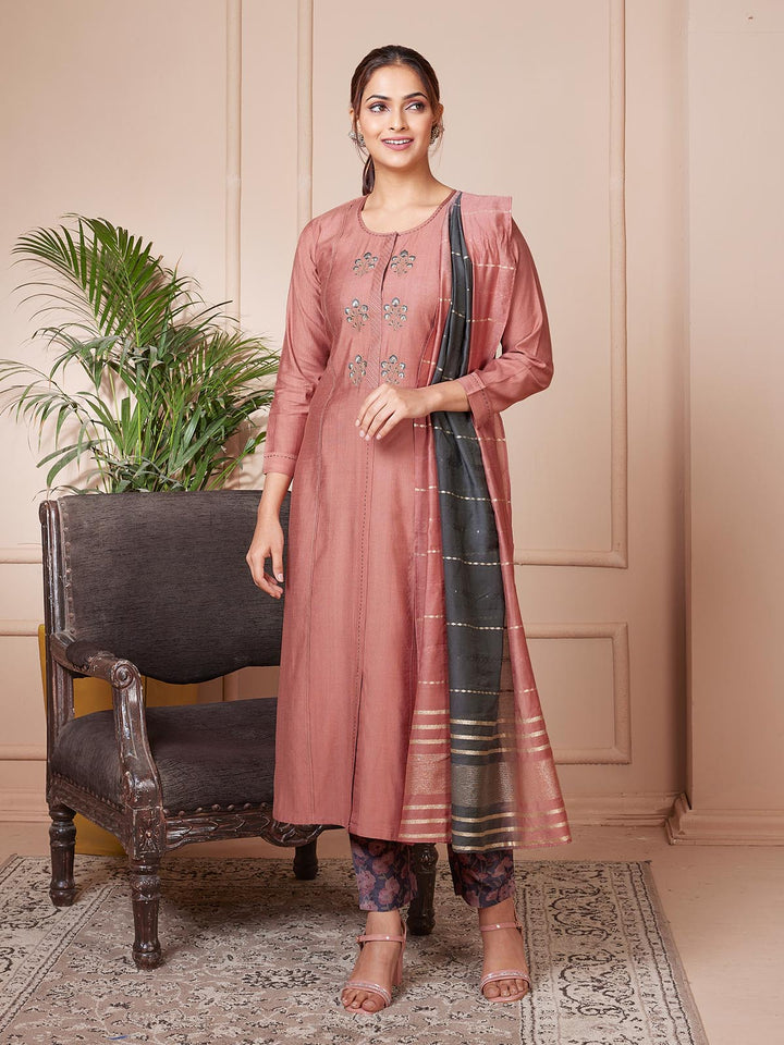 Brick Brown Embroidered Suit Set