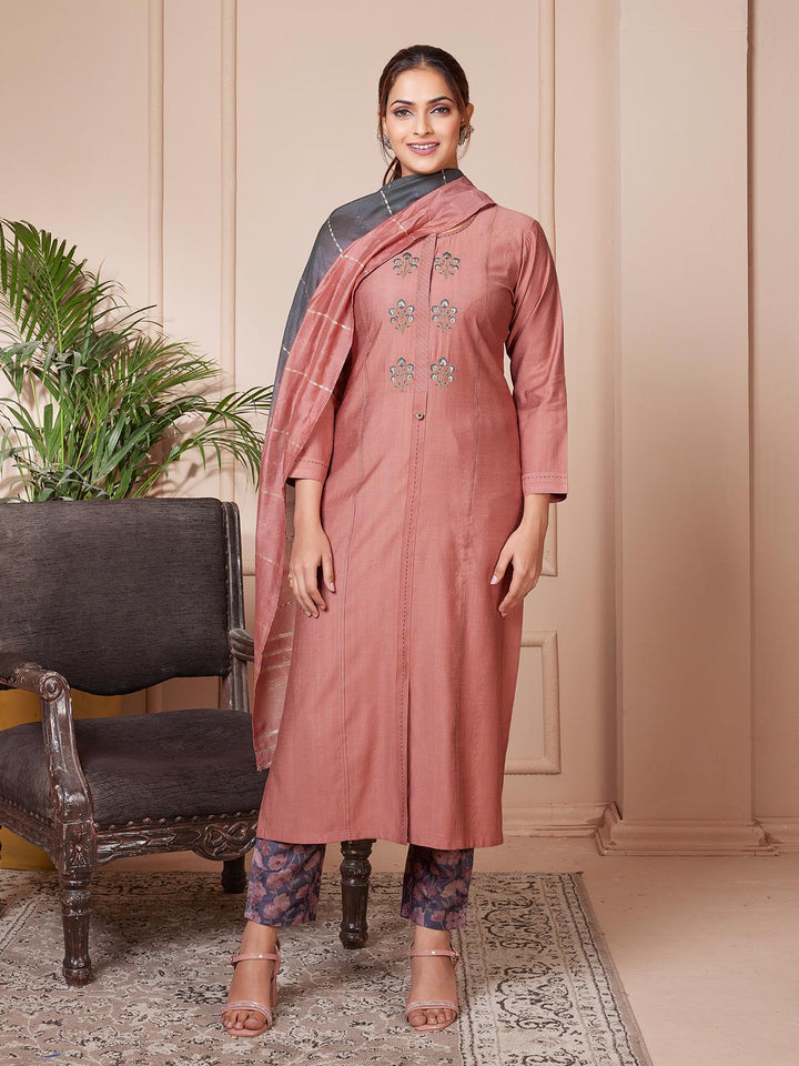 Brick Brown Embroidered Suit Set