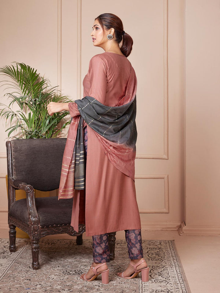 Brick Brown Embroidered Suit Set