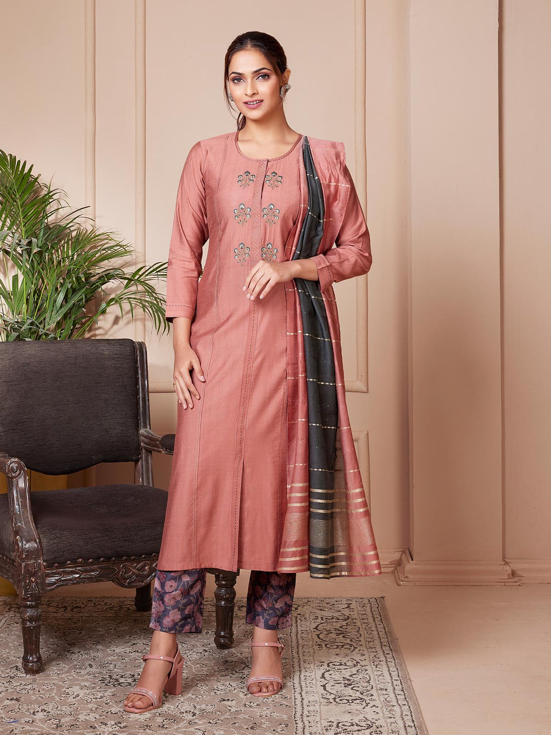 Brick Brown Embroidered Suit Set