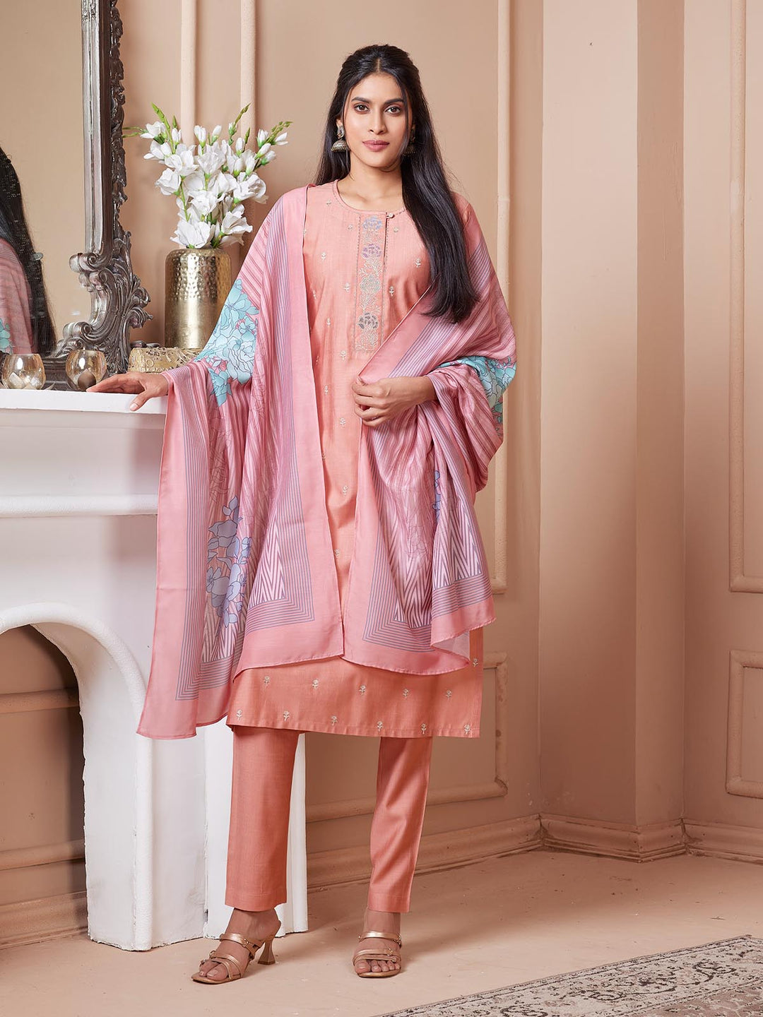 Peach Embroidered Suit Set