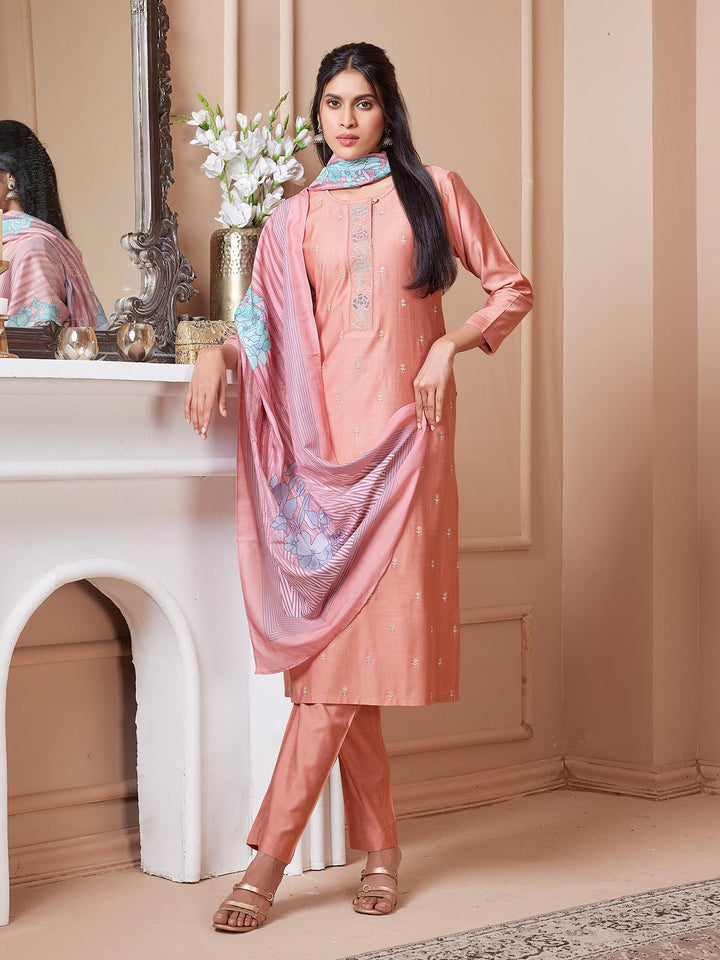 Peach Embroidered Suit Set