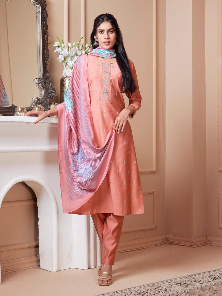 Peach Embroidered Suit Set