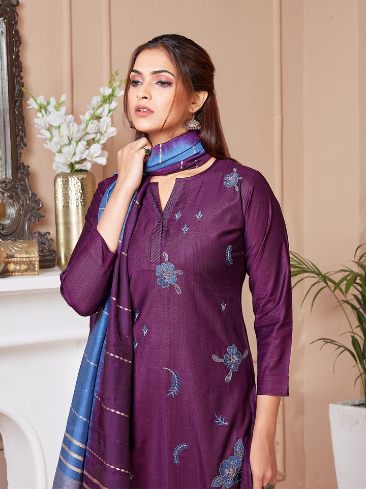 Wine Embroidered Suit Set