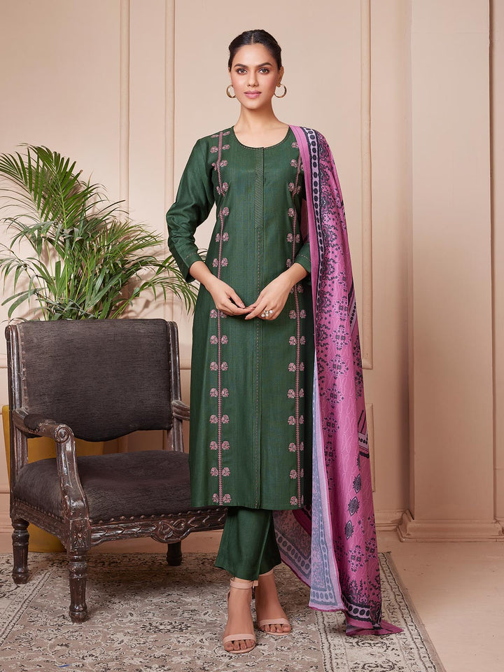 Khaki Green Embroidered Suit Set