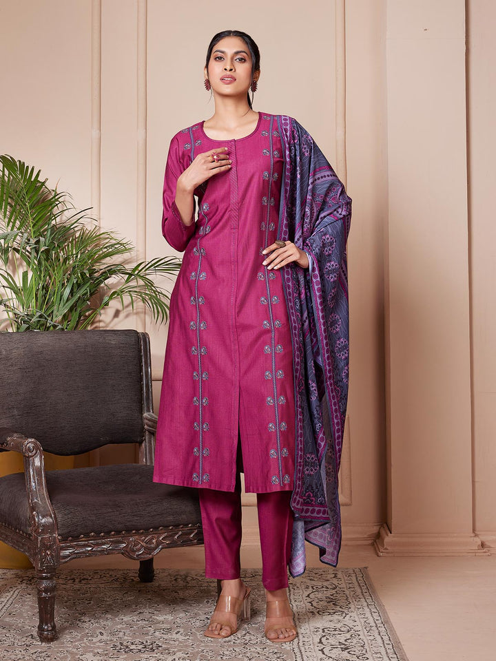 Magenta Pink Embroidered Suit Set