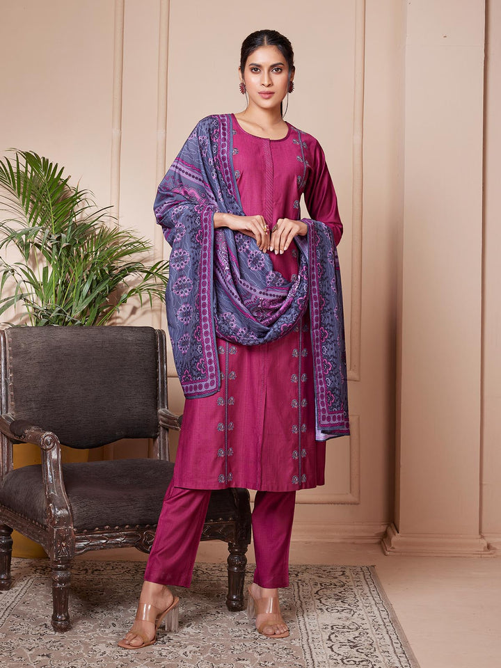 Magenta Pink Embroidered Suit Set