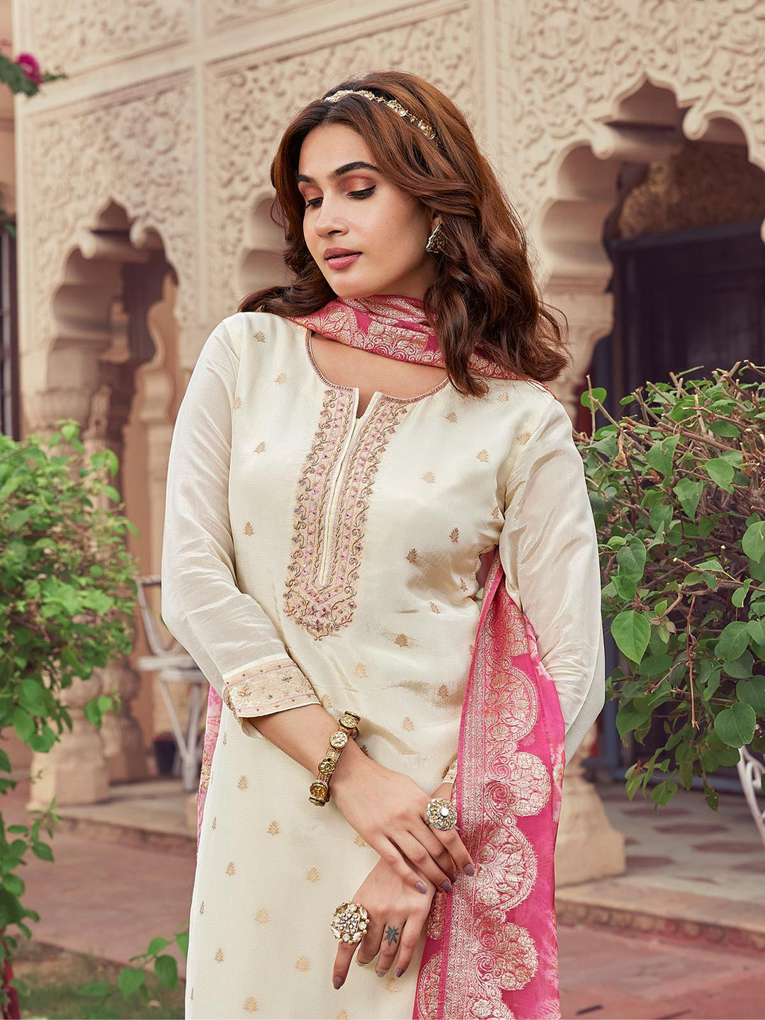 Ivory Jacquard Silk Suit Set