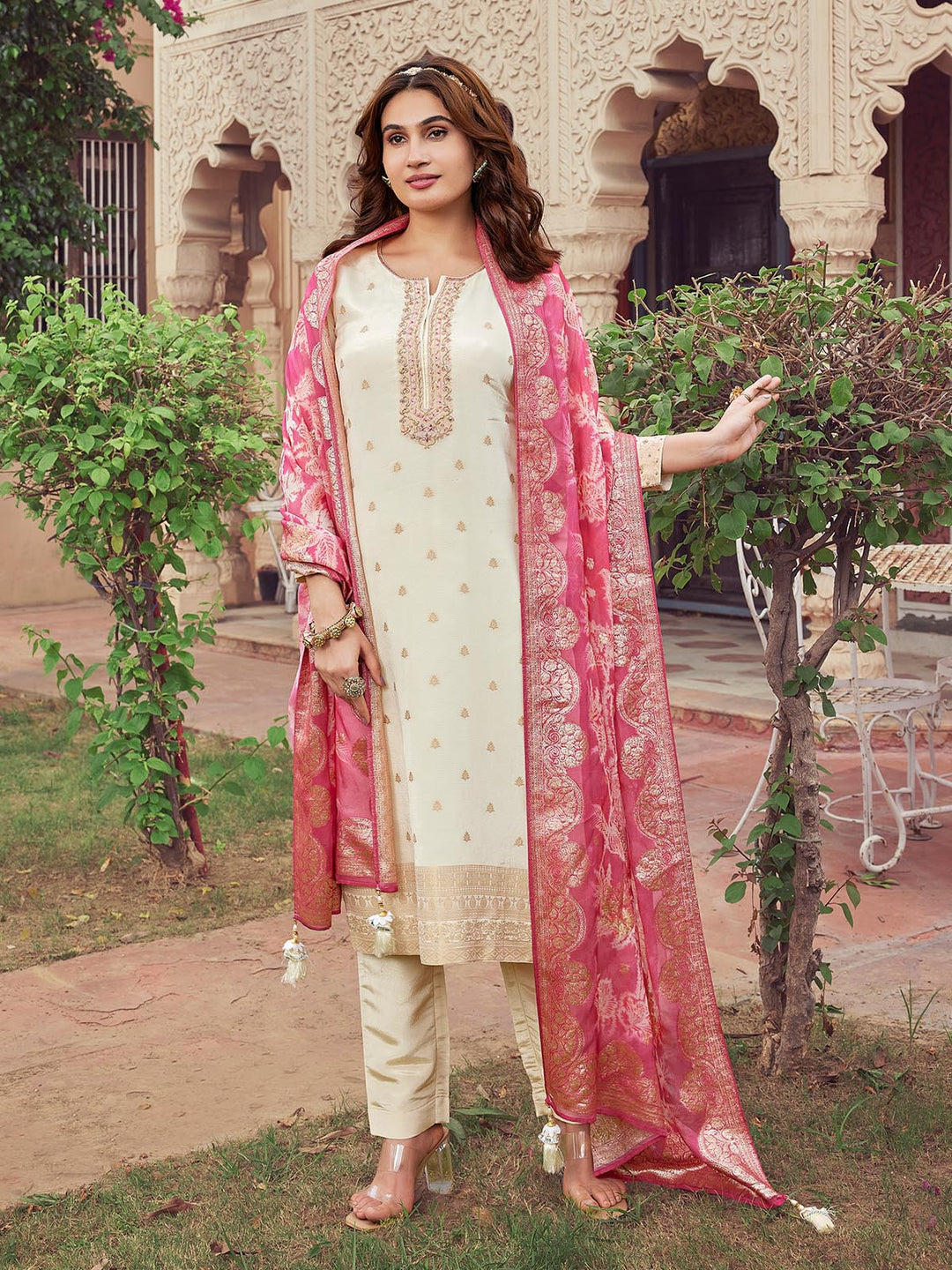 Ivory Jacquard Silk Suit Set