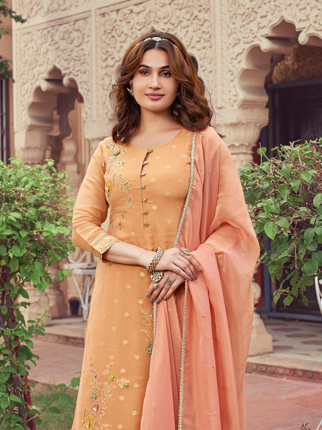 Peach Jacquard Silk Suit Set