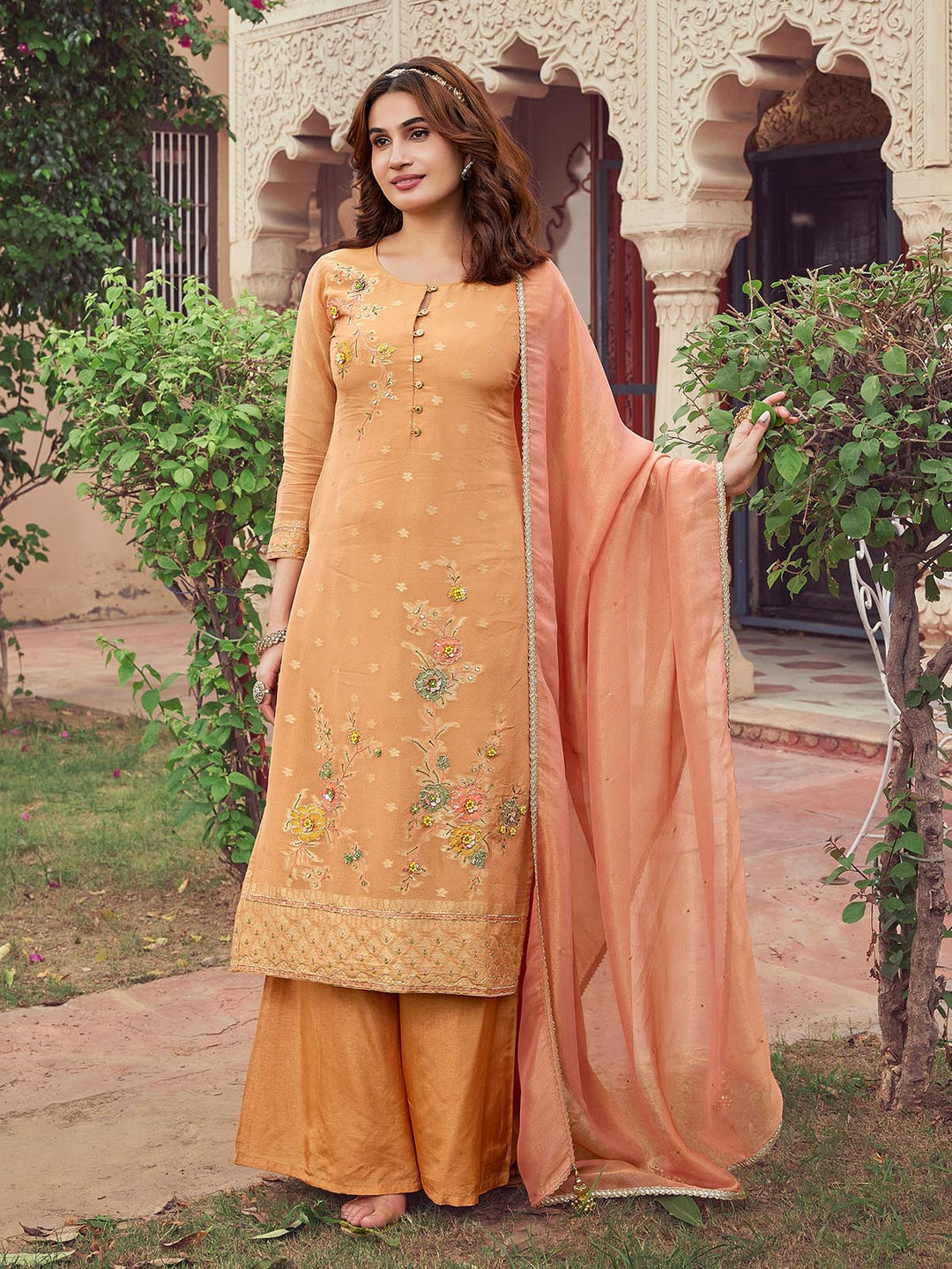 Peach Jacquard Silk Suit Set