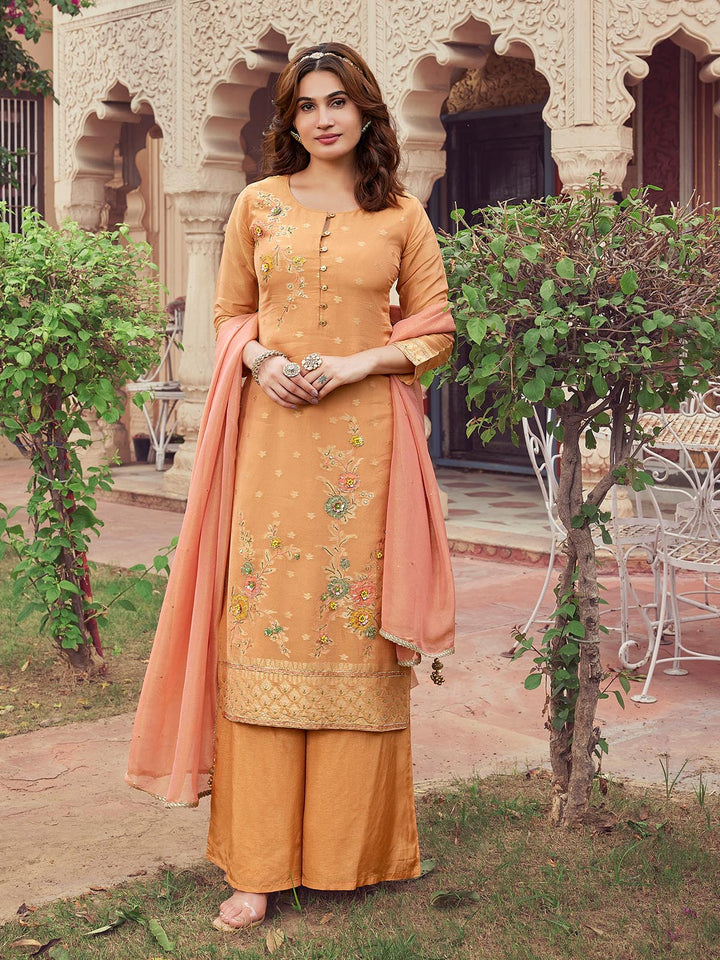 Peach Jacquard Silk Suit Set