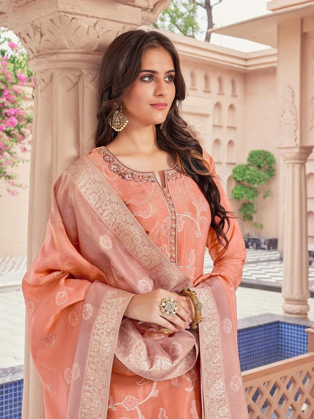 Dusky Peach Jacquard Silk Suit Set