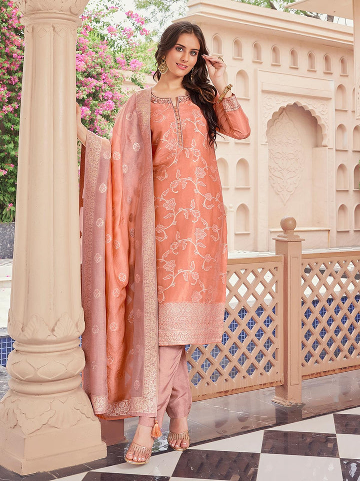 Dusky Peach Jacquard Silk Suit Set