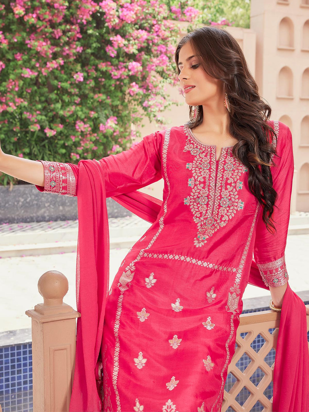 Pink Jacquard Silk Suit Set