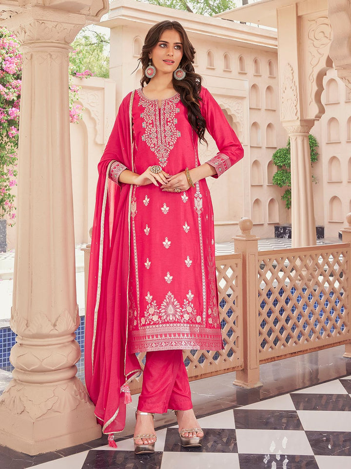 Pink Jacquard Silk Suit Set