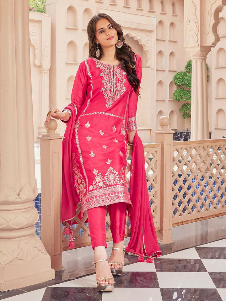 Pink Jacquard Silk Suit Set