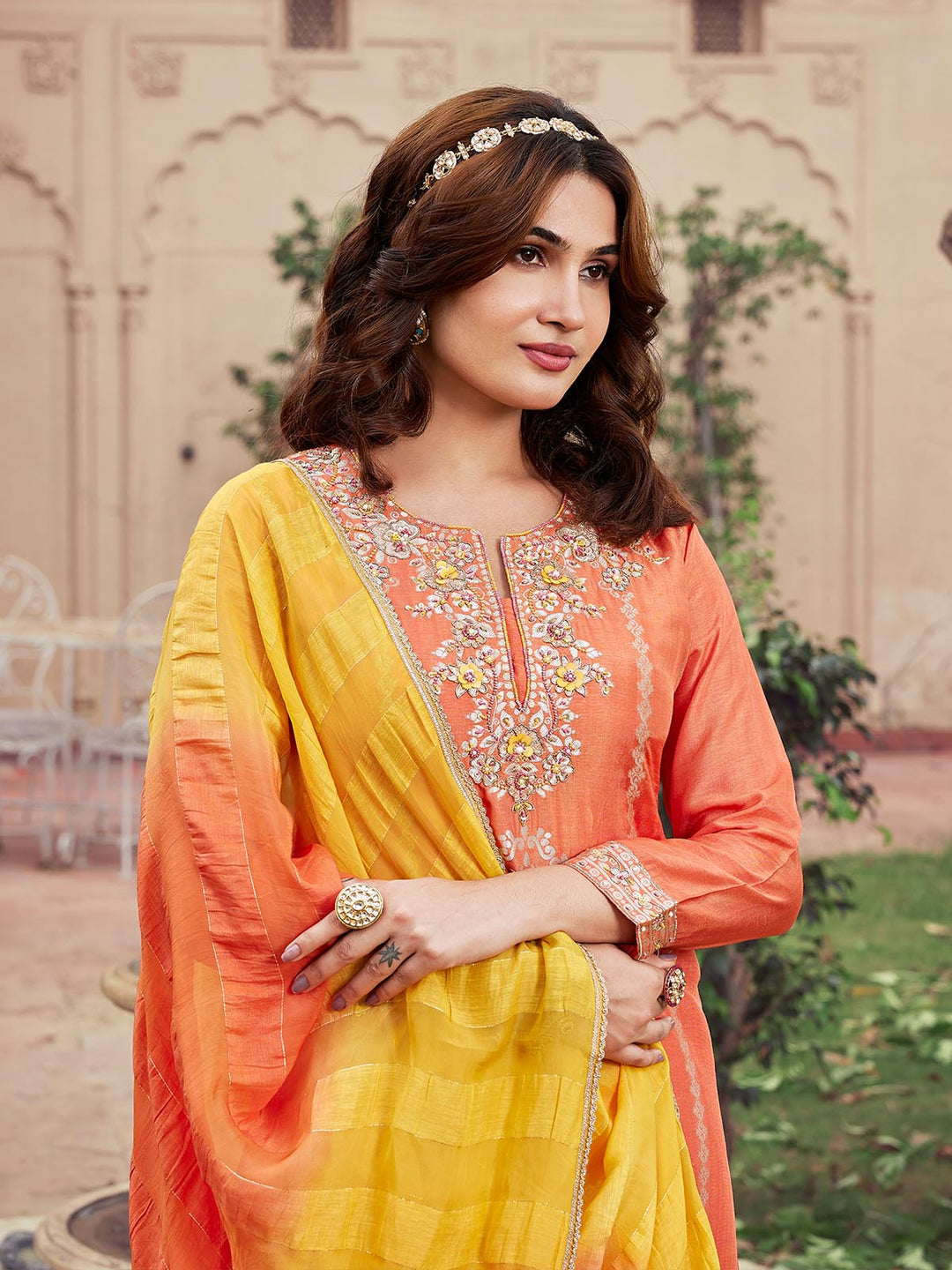 Orange Jacquard Silk Suit Set