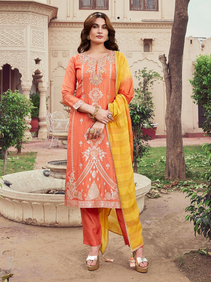 Orange Jacquard Silk Suit Set