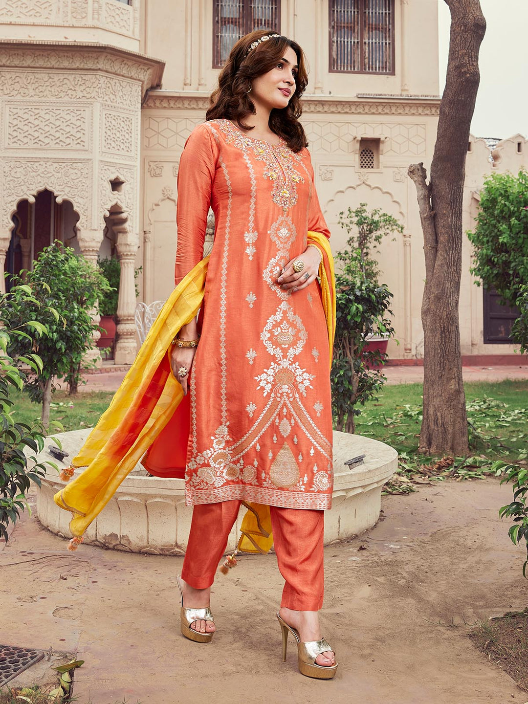 Orange Jacquard Silk Suit Set