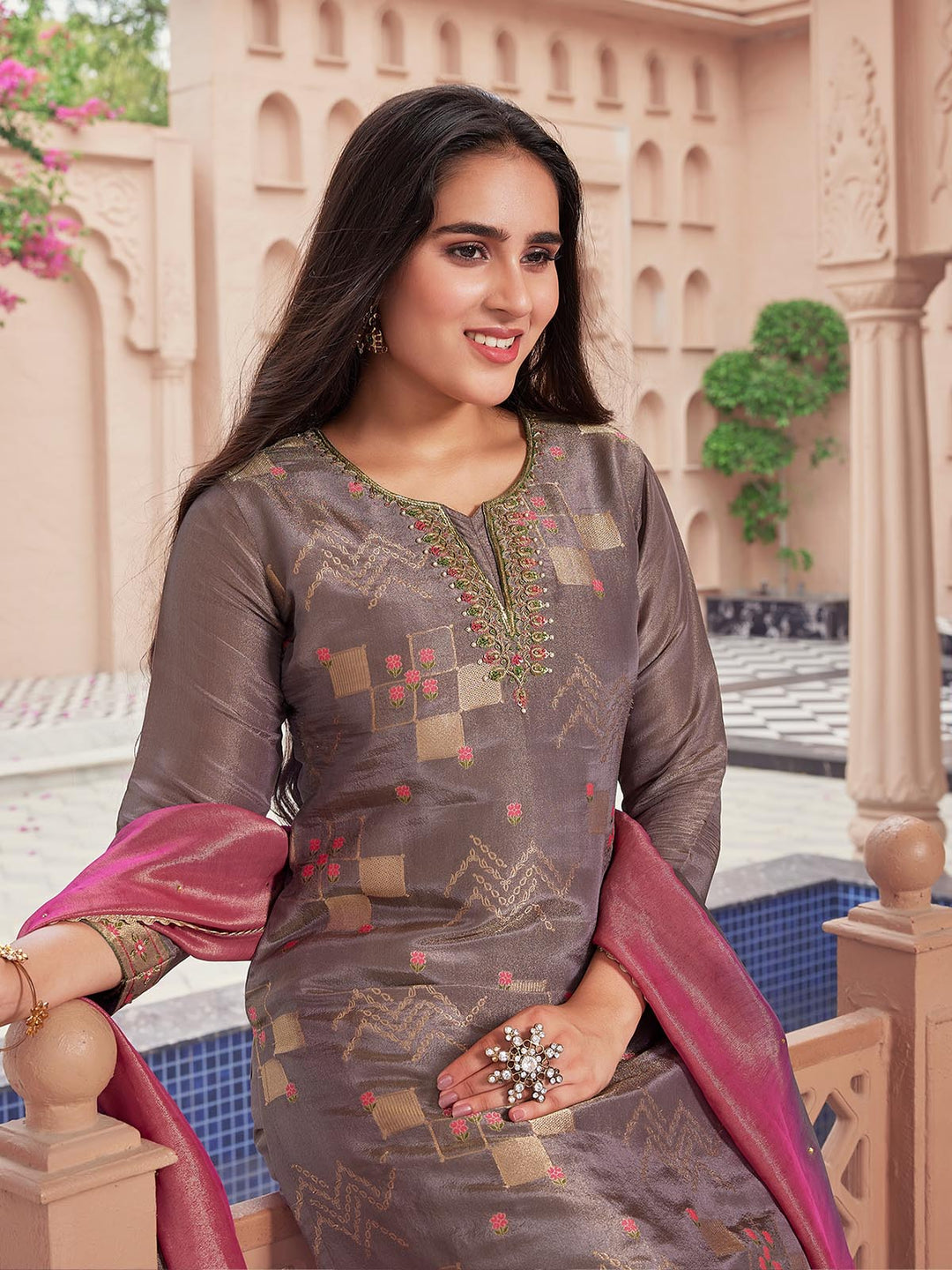 Grey Jacquard Silk Suit Set