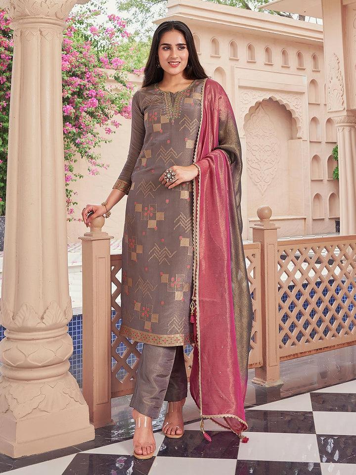 Grey Jacquard Silk Suit Set