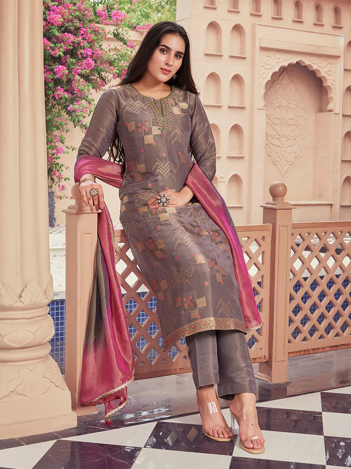 Grey Jacquard Silk Suit Set