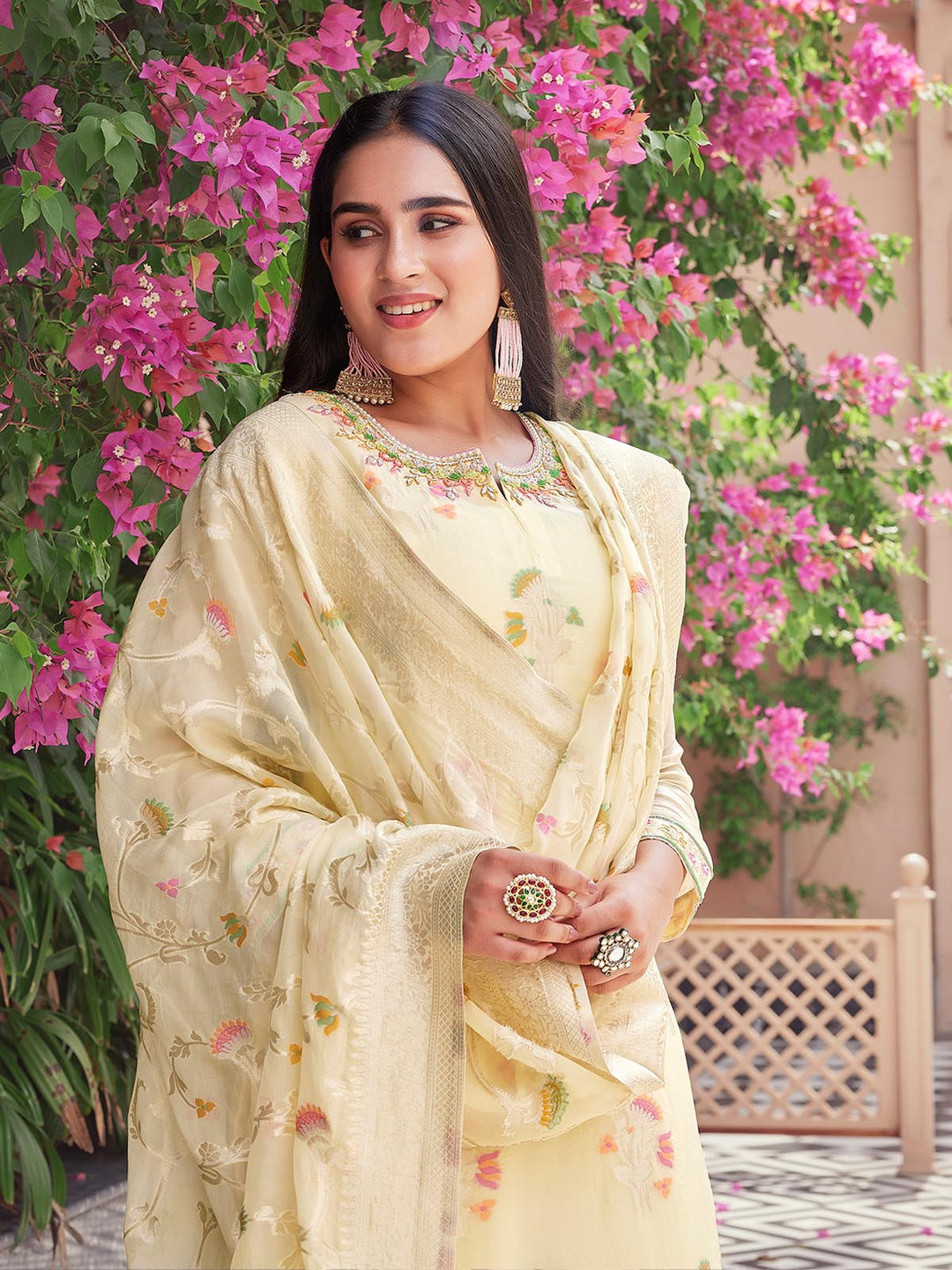 Light Yellow Jacquard Organza Suit Set