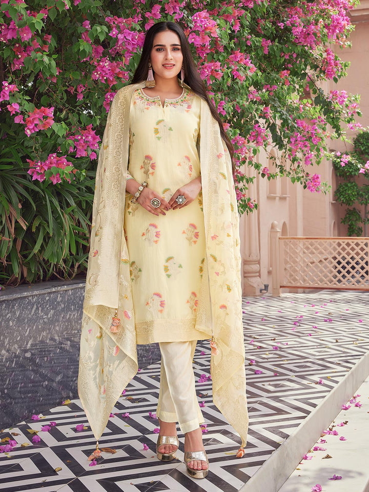 Light Yellow Jacquard Organza Suit Set