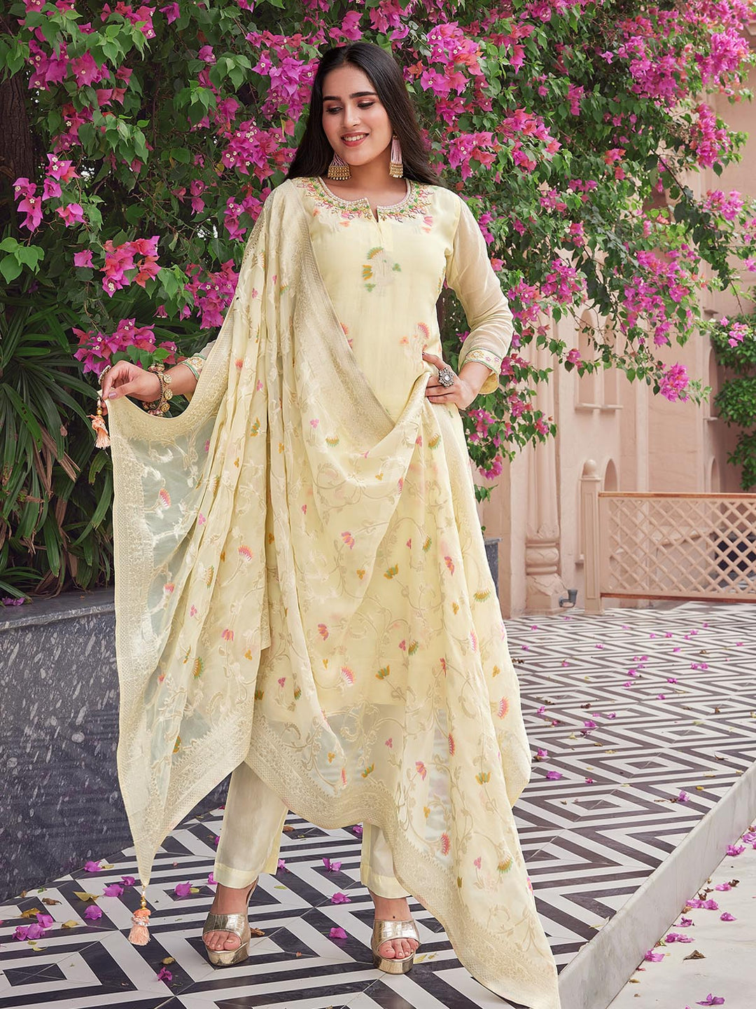 Light Yellow Jacquard Organza Suit Set