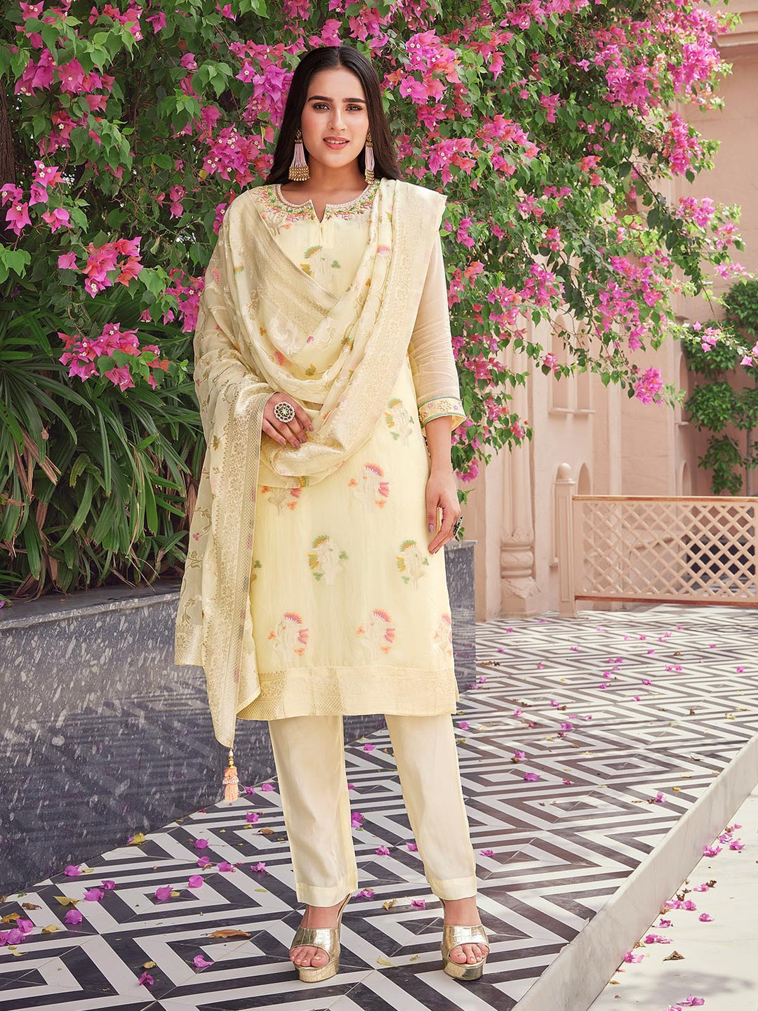 Light Yellow Jacquard Organza Suit Set