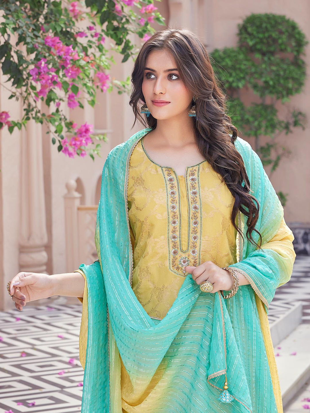 Yellow Jacquard Suit Set