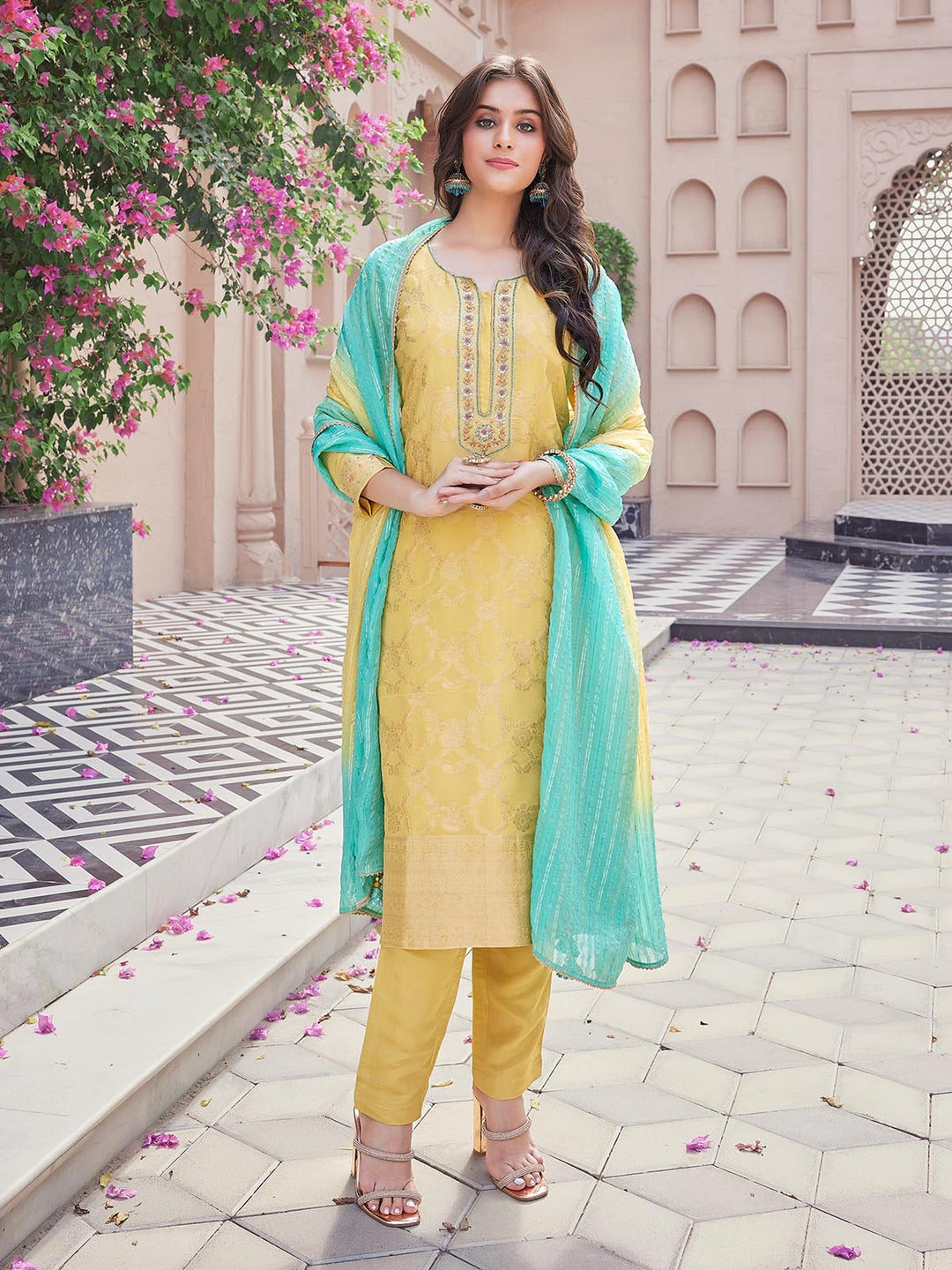 Yellow Jacquard Suit Set