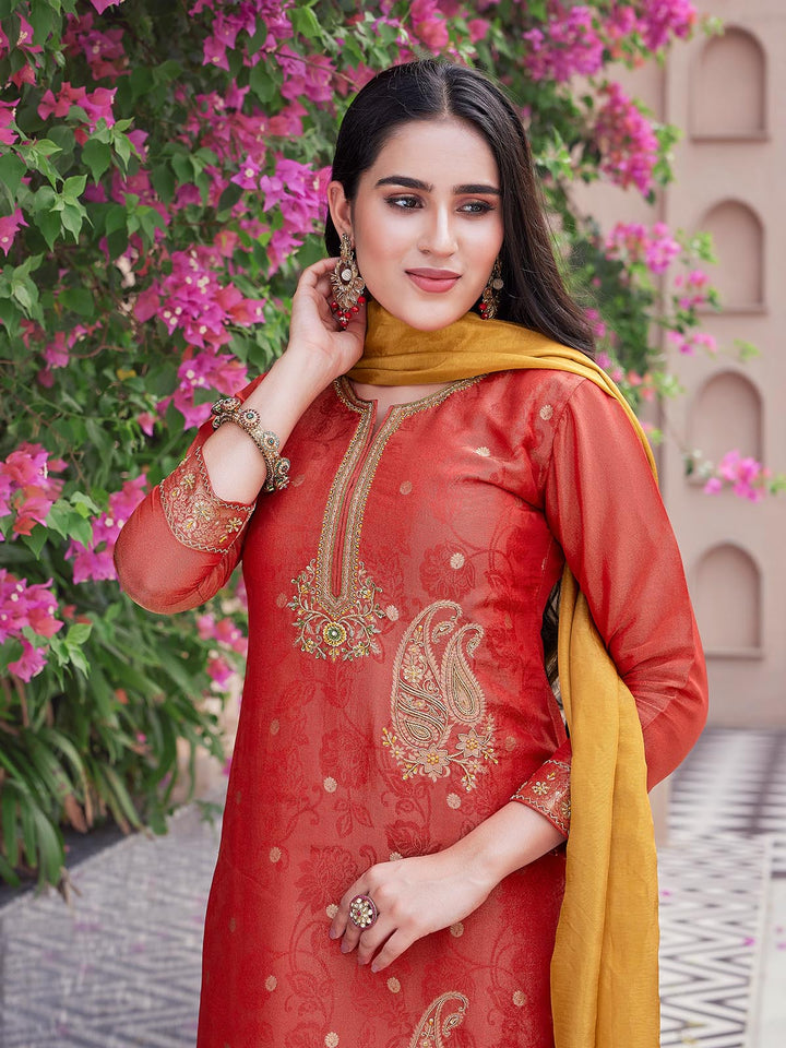 Red Jacquard Silk Suit Set