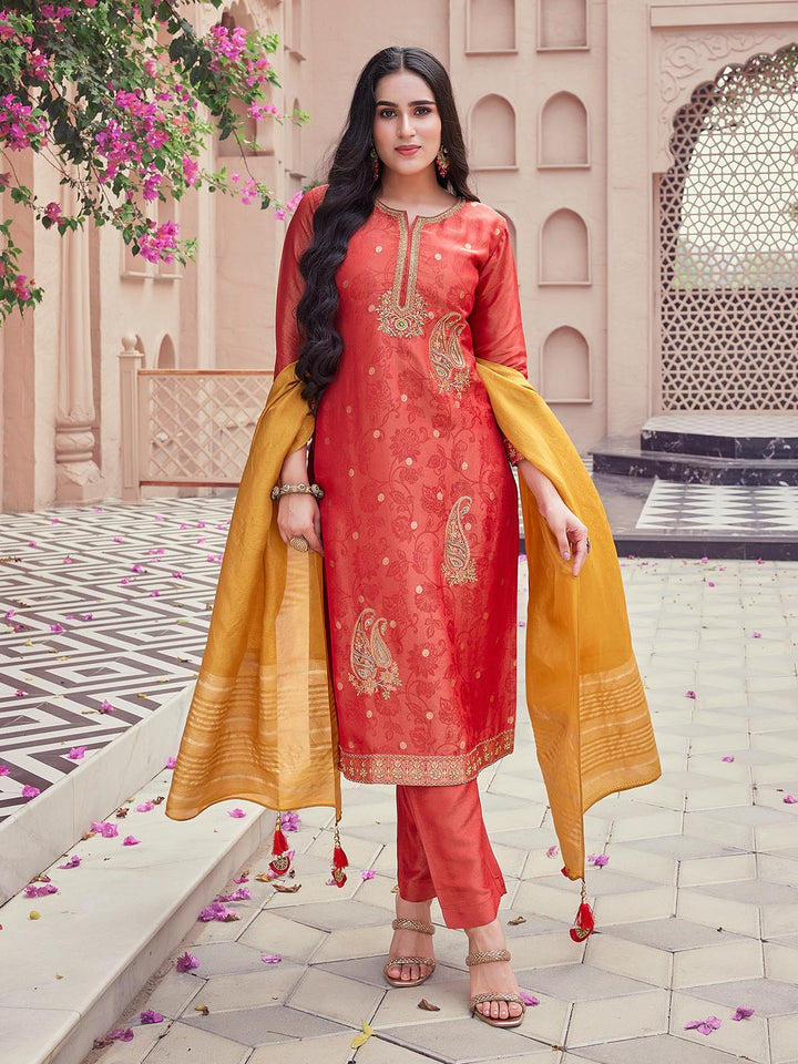 Red Jacquard Silk Suit Set