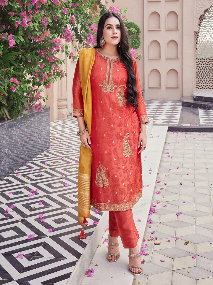 Red Jacquard Silk Suit Set